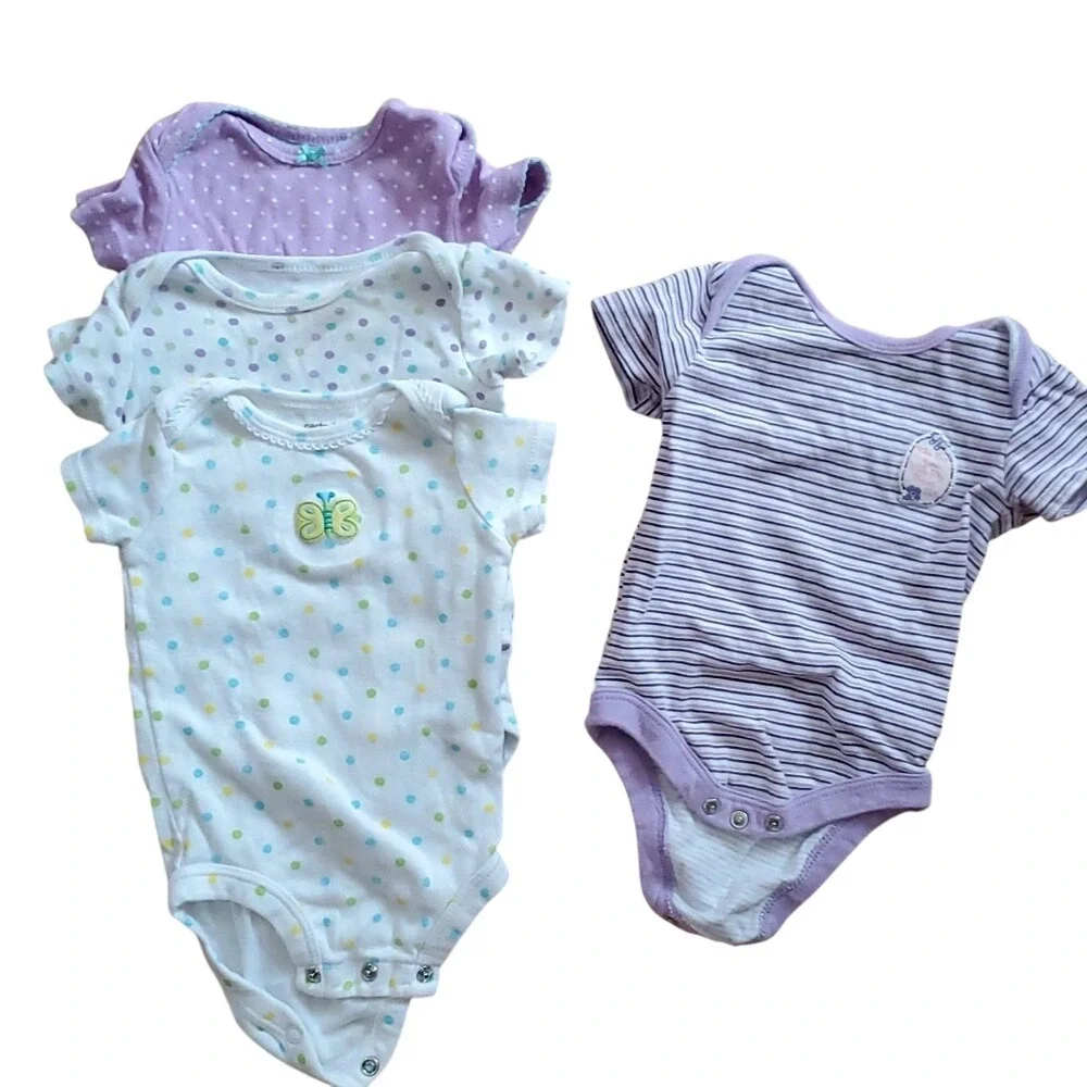Carters and Disney Girls 4 Pack Short Sleeve Onesies 0-3M - Hearts, Polka Dots‎